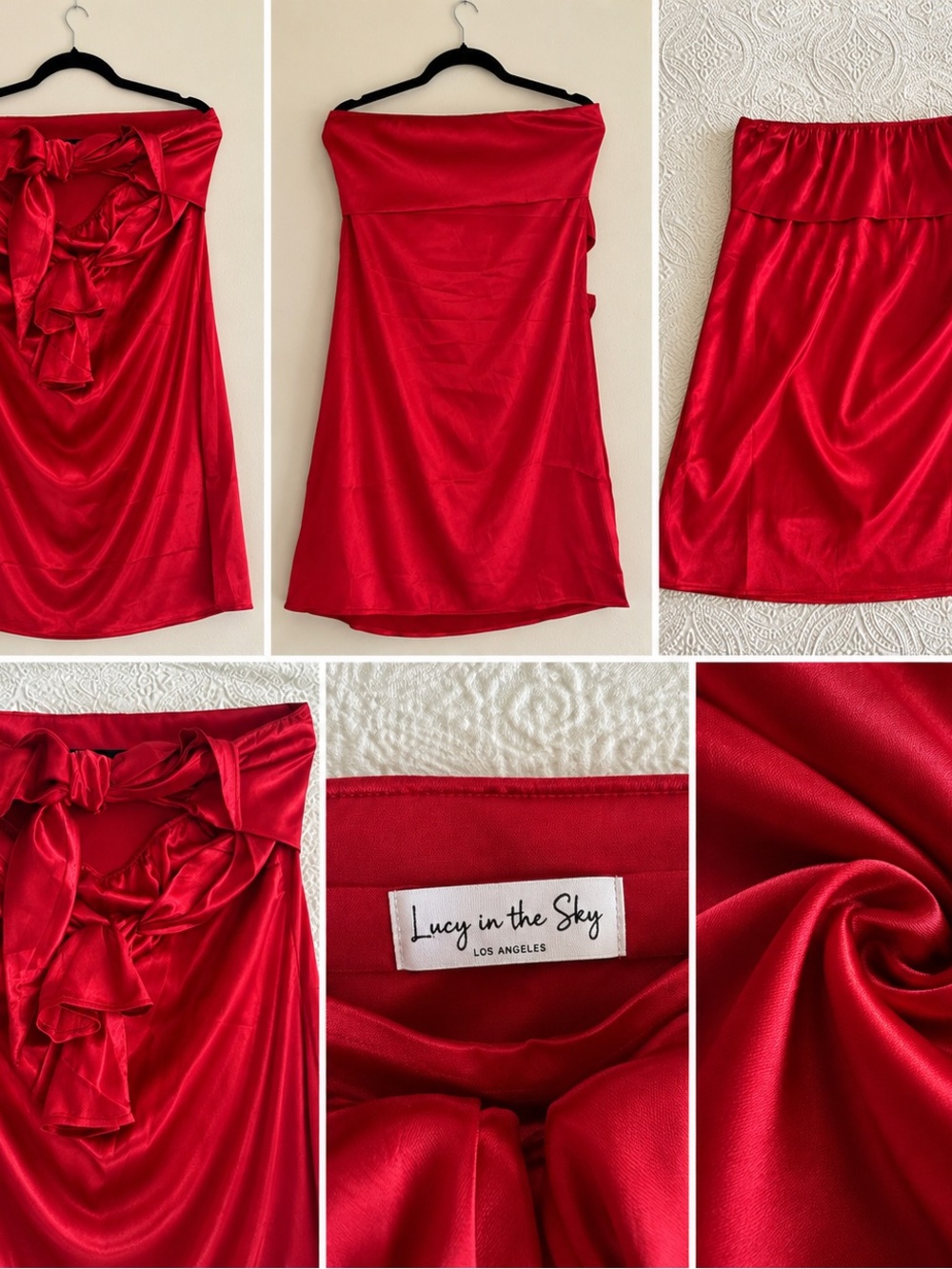 Lucy in the Sky Vibrant Red Satin Strapless Dress with Ruffle Back - Size M